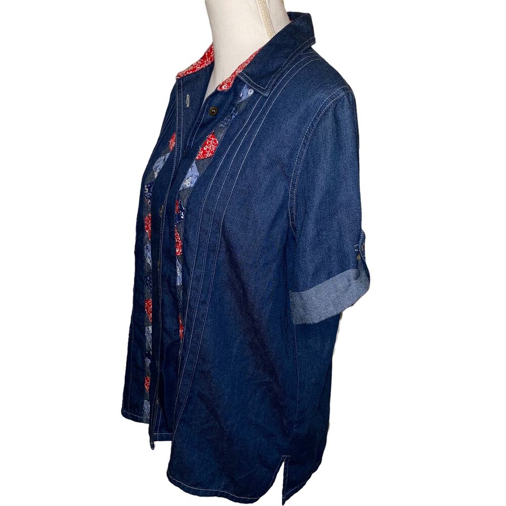Vintage 80s Denim Patchwork Red White Blue Patriotic 4th of July Blouse, Medium - Picture 2 of 6